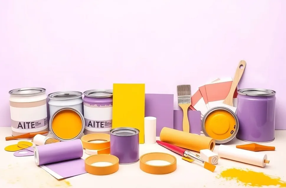 Pots de peinture, nuancier, brosses et rouleaux disposés à plat