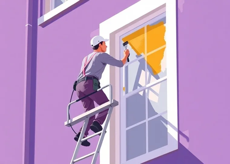 Peintre sur échafaudage traitant la façade d'une maison